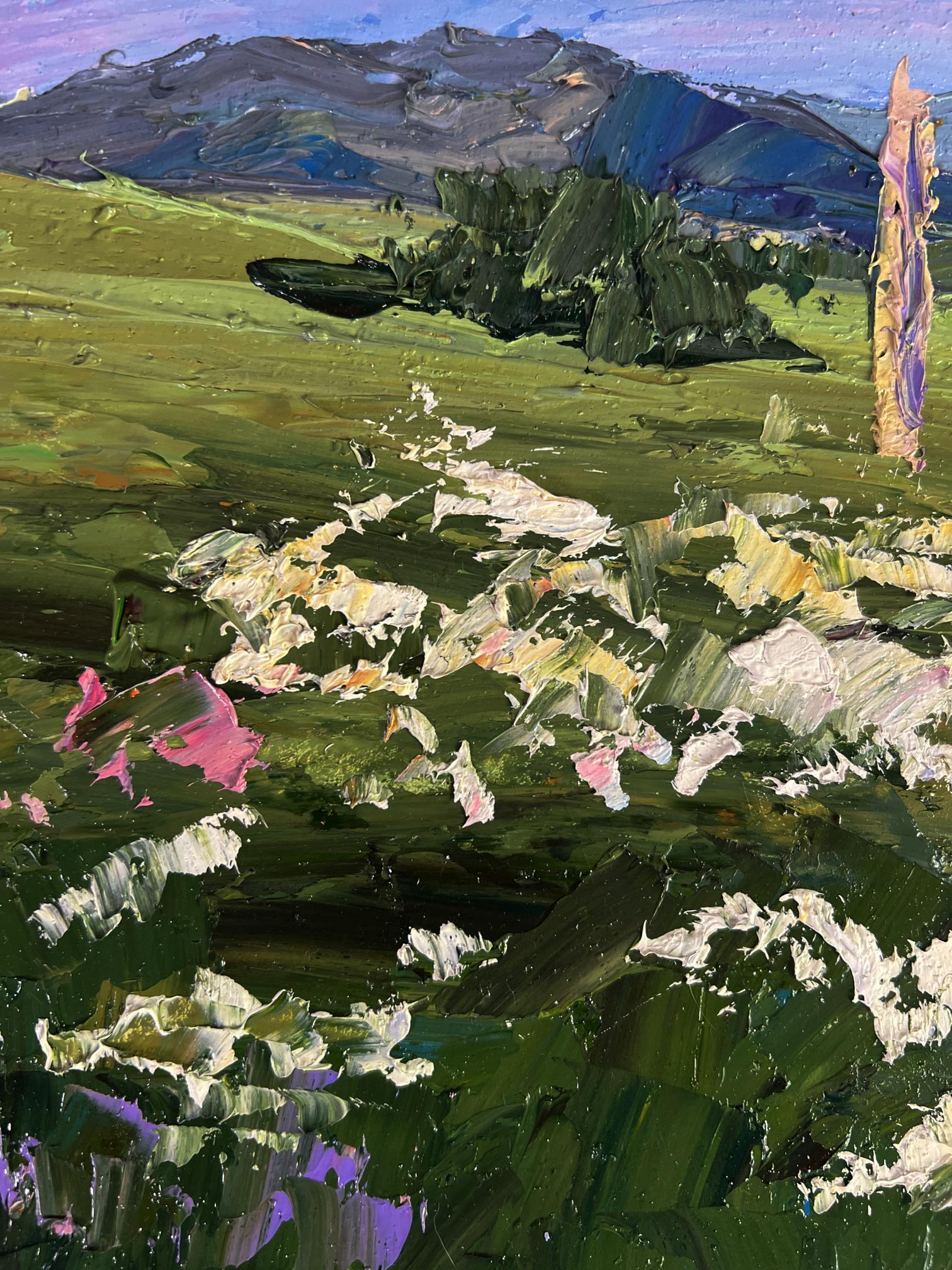 Vibrant impressionist oil painting of flowering mountain fields by Boris Serdyuk