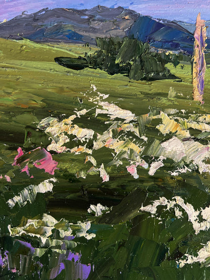 Vibrant impressionist oil painting of flowering mountain fields by Boris Serdyuk