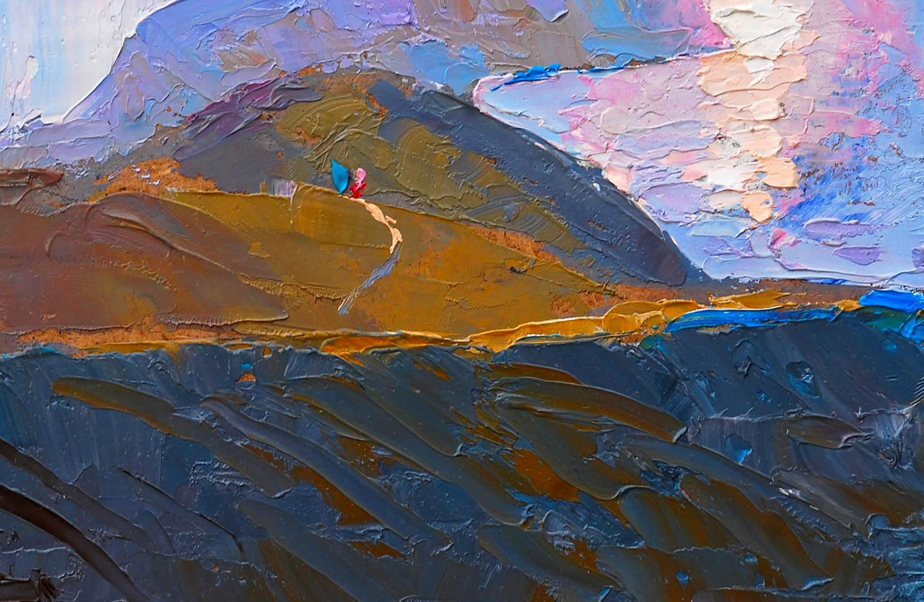 Oil painting Mountain sketch by Egor Shvachunov: textured blue-purple mountains