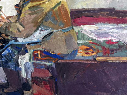 Oil painting portrait of grandmother in earthy yellows, browns, blues