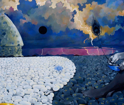 Surreal oil painting by Konsta G. Amelinn: hand holds blue bowl amid pebbles under stormy sky