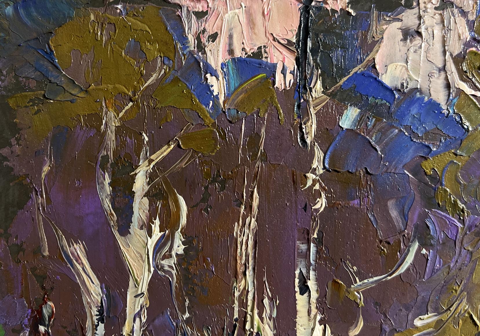 Oil painting Blooming spring by Oleksiy Ivanyuk with purple blue gold white strokes
