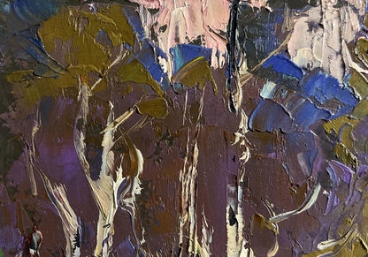 Oil painting Blooming spring by Oleksiy Ivanyuk with purple blue gold white strokes