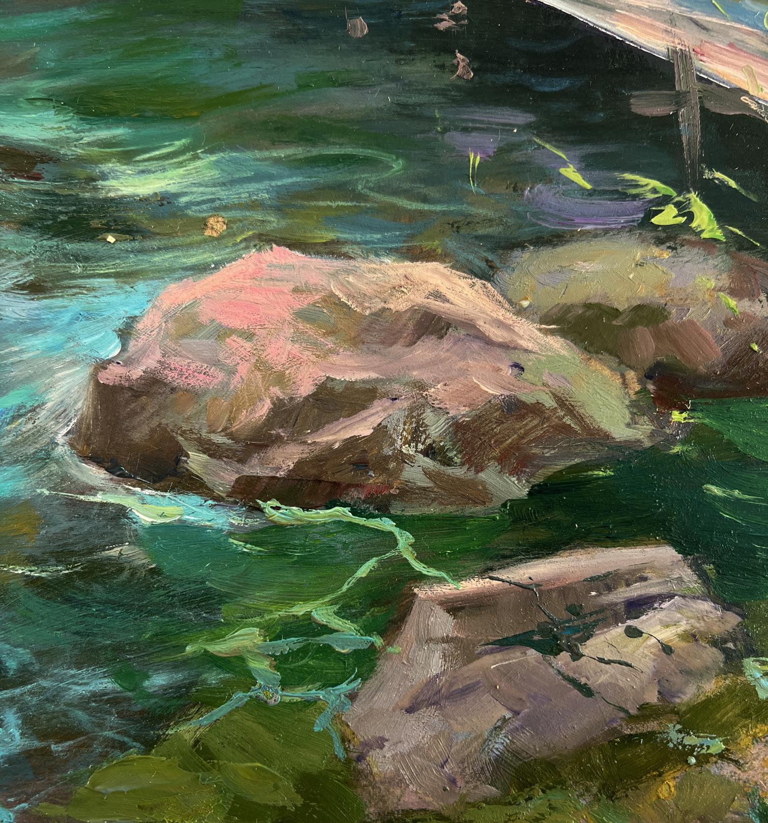 Oil painting of textured rock in green river water by Yuriy Suprunchuk