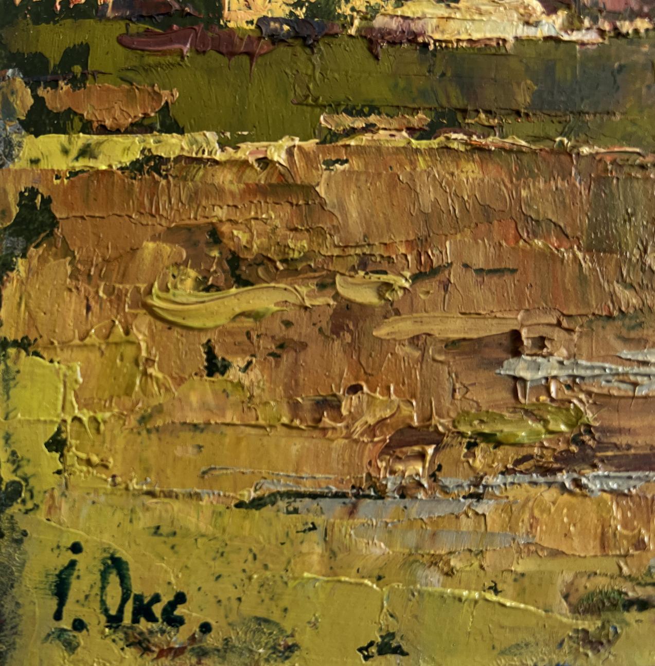 Oil painting The Lonely Fisherman by Oksana Ivanyuk in ochre and earthy tones