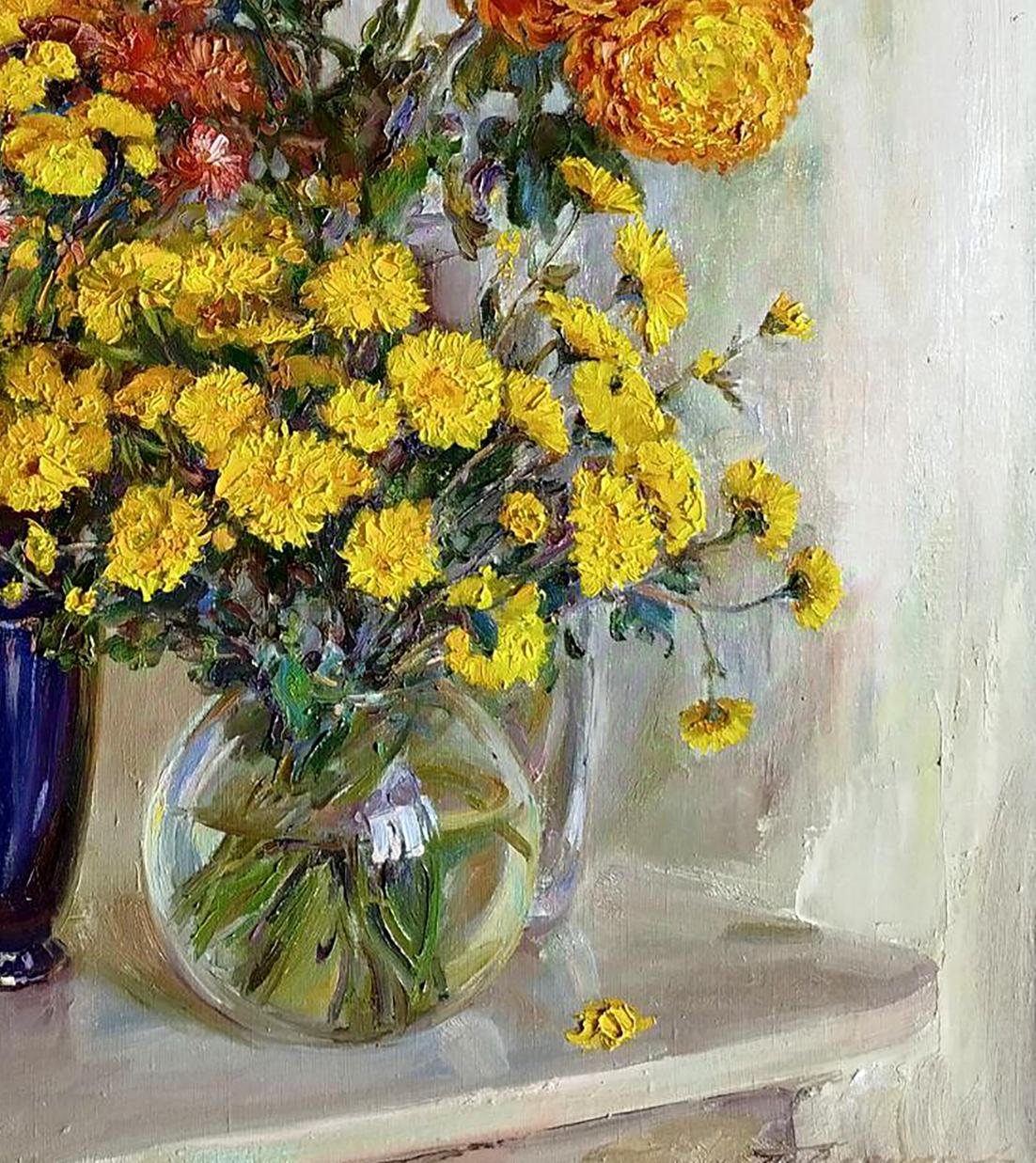 Oil painting of vibrant yellow orange chrysanthemum autumn bouquet by Leonid Pavlenko