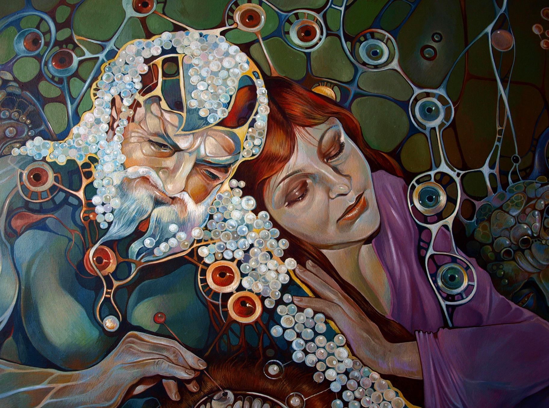 Oil painting Pistis Sophia Konsta G. Amelinn: bearded man with glass beadwork, woman in purple