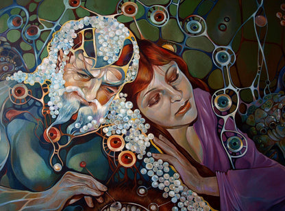 Oil painting Pistis Sophia Konsta G. Amelinn: bearded man with glass beadwork, woman in purple