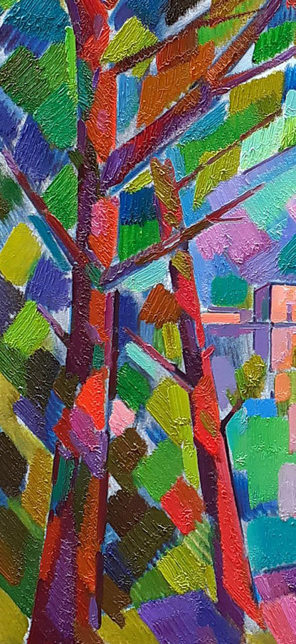 Vibrant abstract mountain tree oil painting by Peter Dobrev