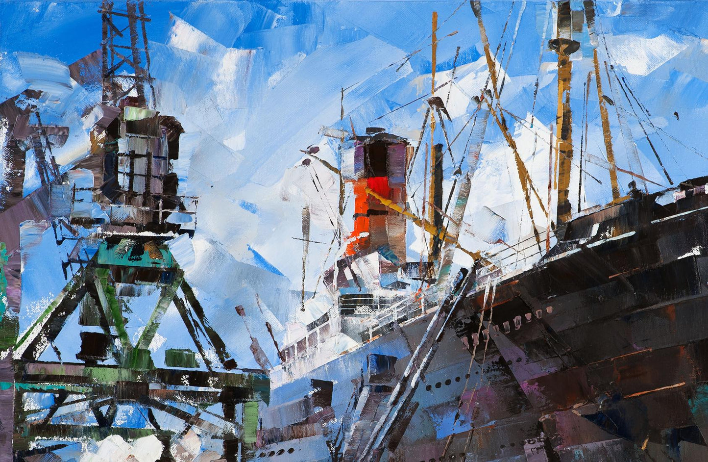 Oil painting of passenger ship in port by Volodymyr Gluhomanyuk