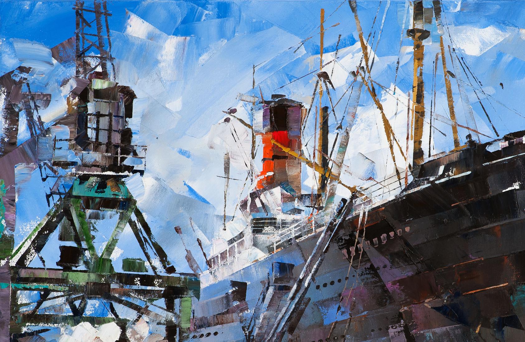 Oil painting of passenger ship in port by Volodymyr Gluhomanyuk