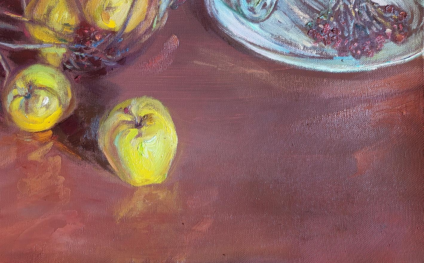 Oil painting Forgotten Fruits by Leonid Pavlenko: two yellow apples on reddish-brown surface