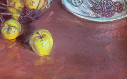 Oil painting Forgotten Fruits by Leonid Pavlenko: two yellow apples on reddish-brown surface