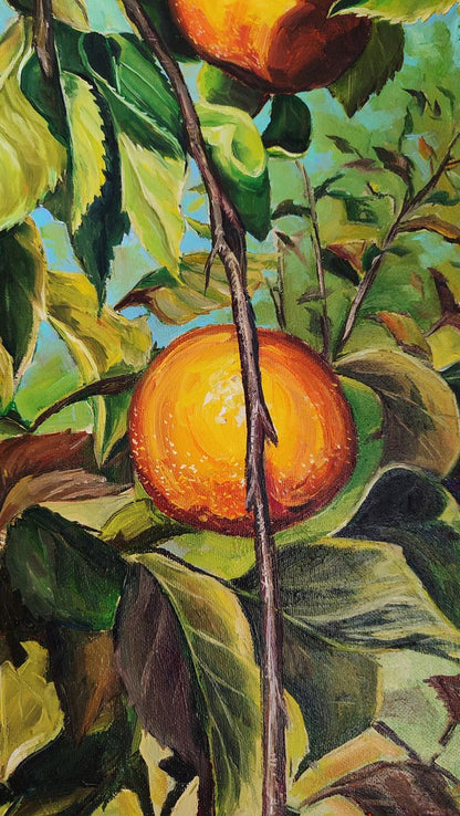 Oil painting of vibrant orange persimmons on tree by Oksana Sklym