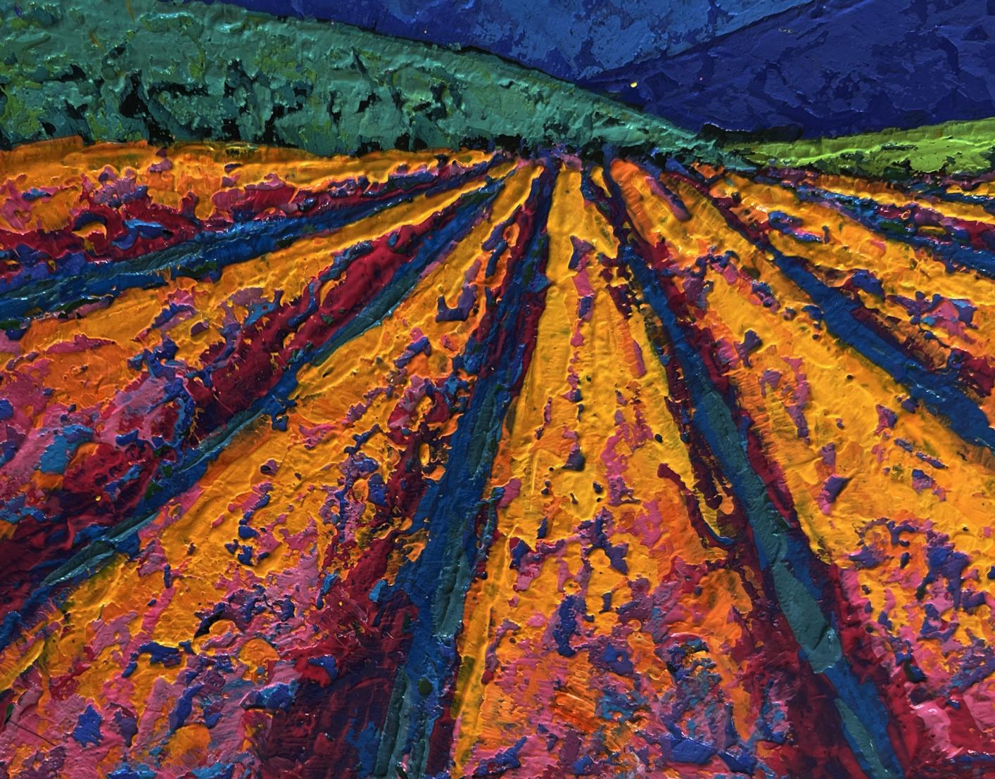 Vibrant oil painting of plowed lavender field and blazing sunset by V. Zadorozhnya