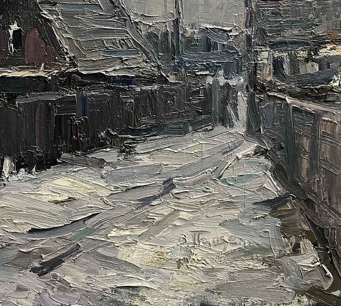 Textured impasto oil painting of narrow village lane by Volodymyr Pashchenko