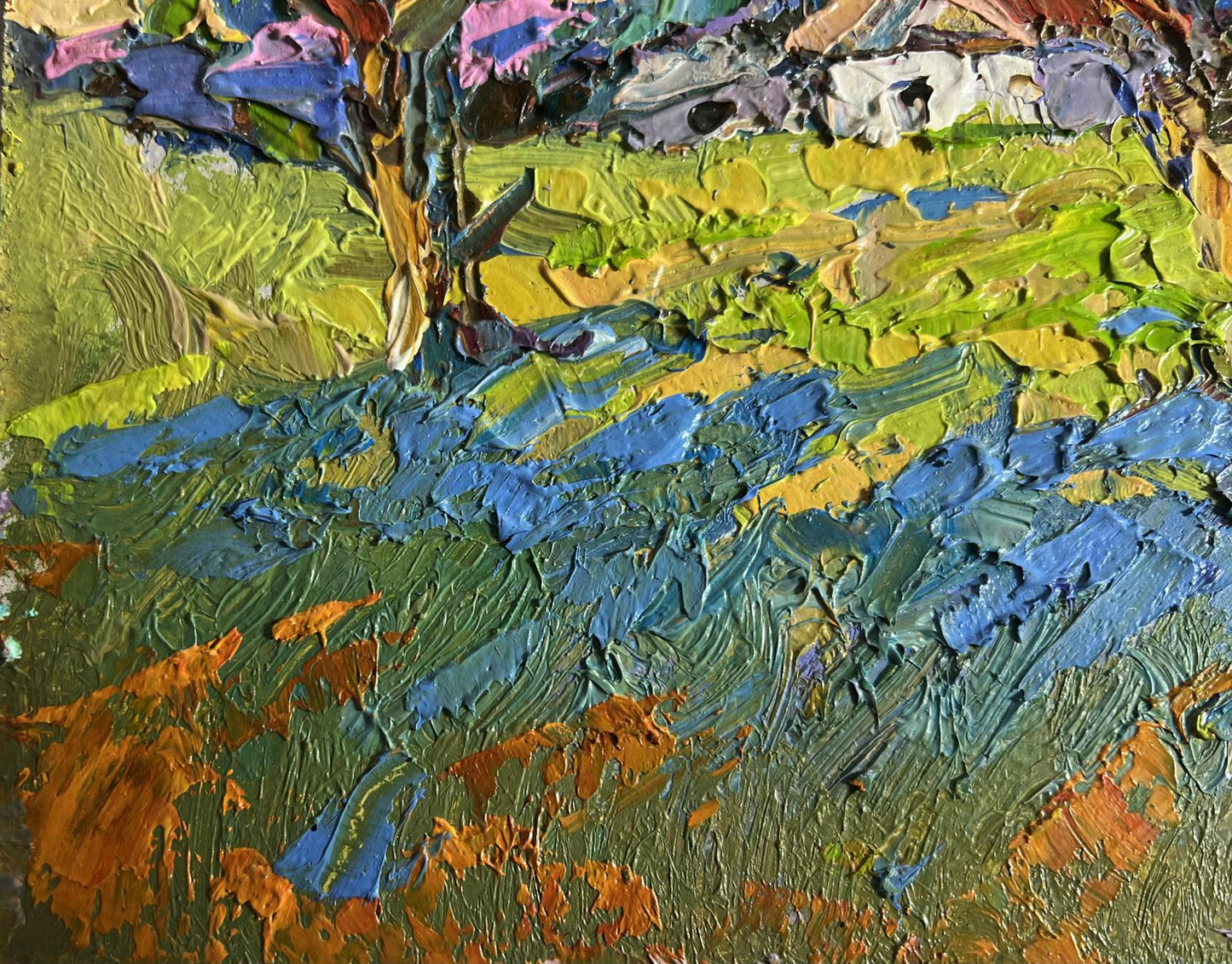 Vibrant impressionist oil painting of geese behind trees by Oksana Ivanyuk