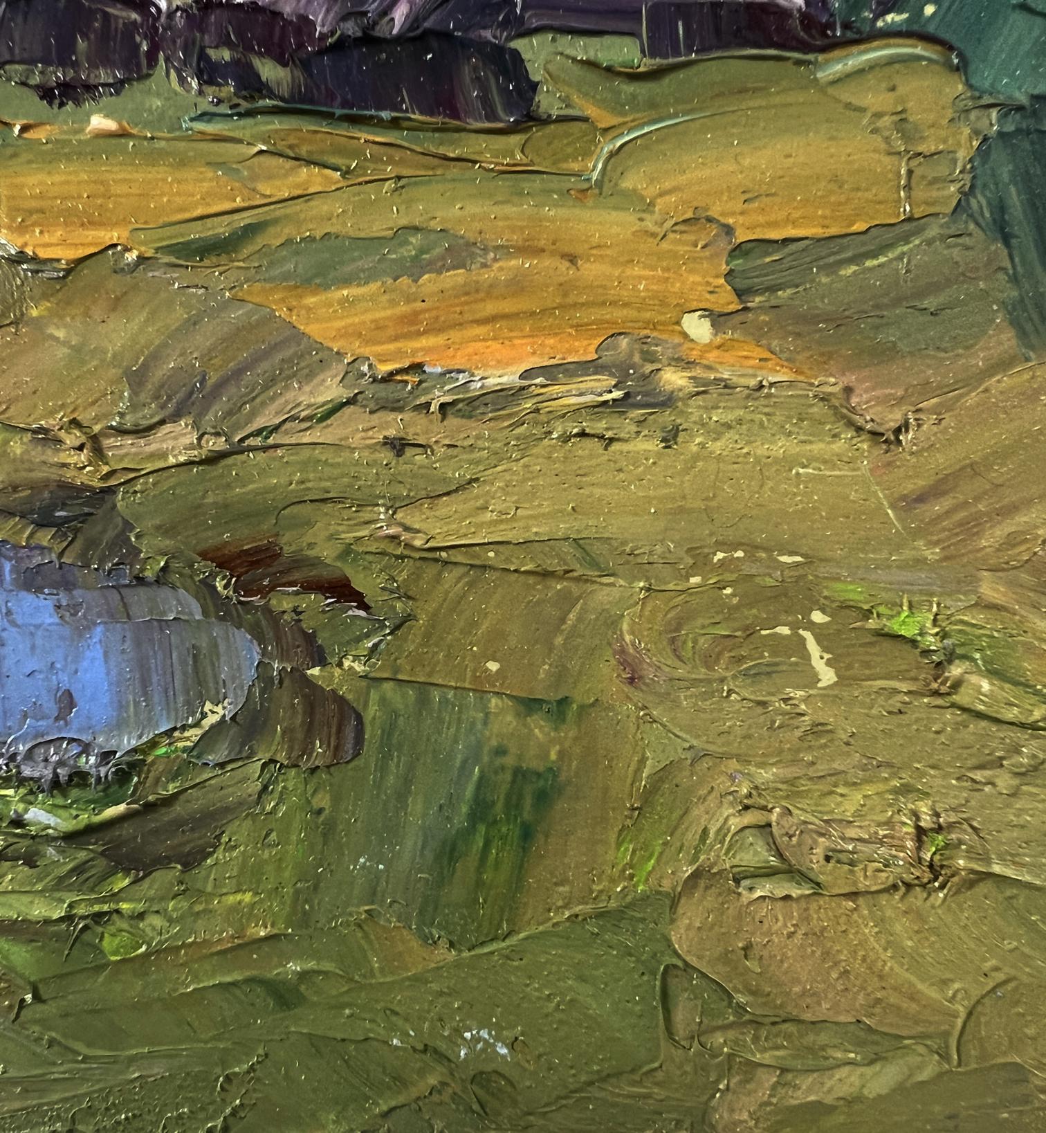 Oil painting of mountainous terrain by Boris Serdyuk in earthy greens and ochres