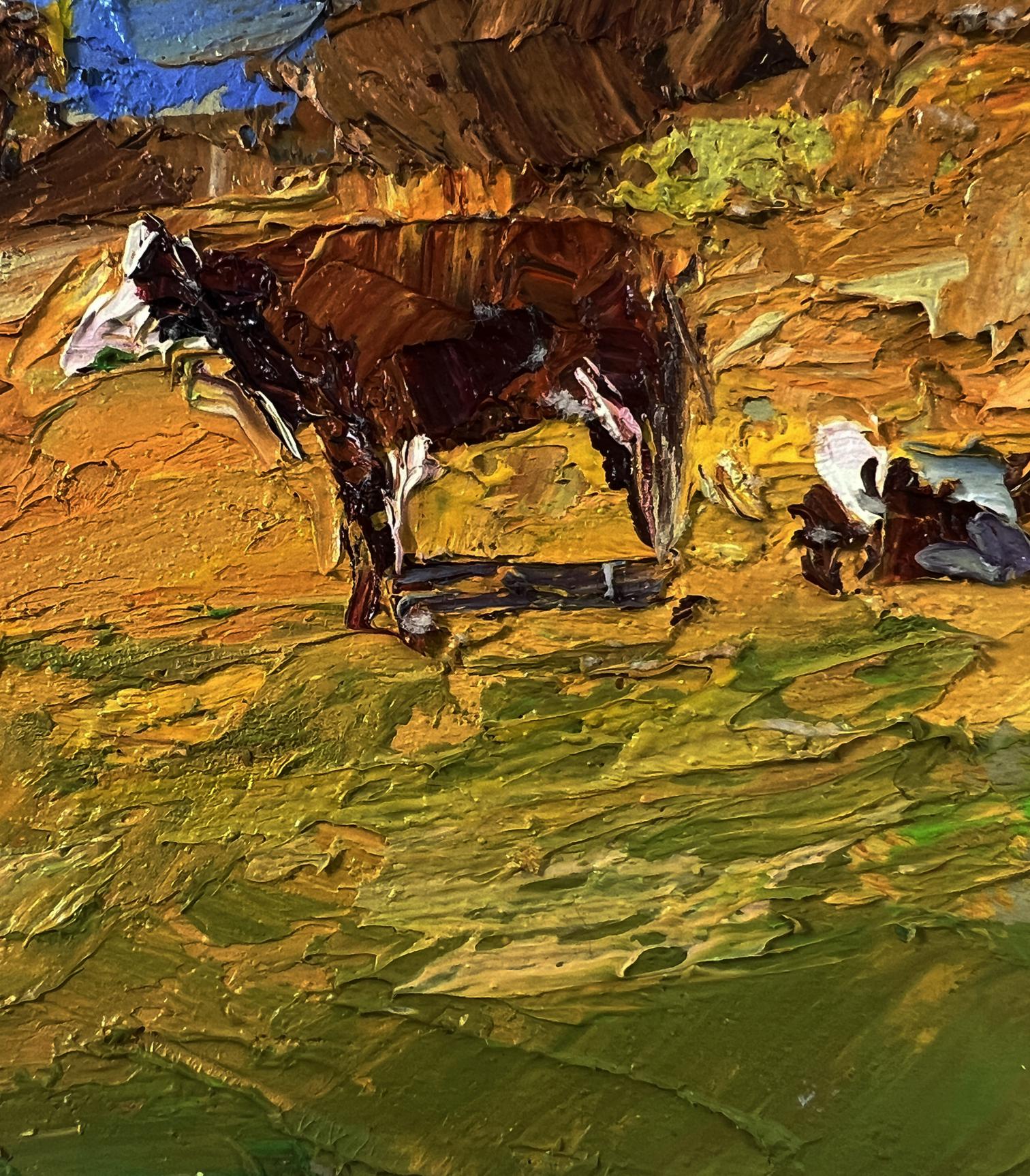 Oil painting Cows on the hill by Boris Serdyuk textured brown cow in field