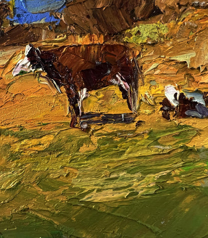 Oil painting Cows on the hill by Boris Serdyuk textured brown cow in field