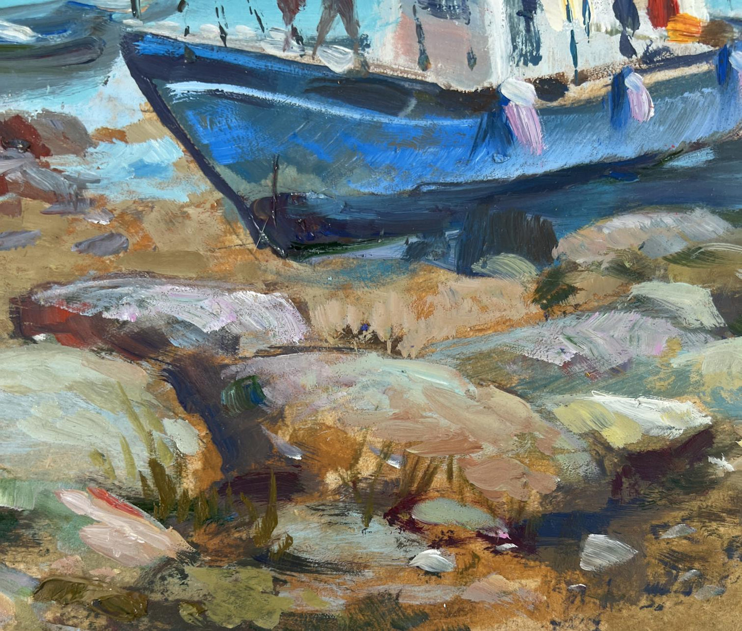 Oil painting of vibrant blue boat on rocky shore by Yuriy Suprunchuk