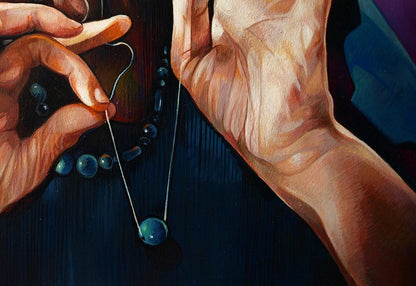 Oil painting Balances Konsta G. Amelinn with deep blue glossy bead necklace