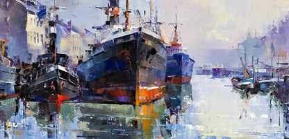 Oil painting Morning Glow by Volodymyr Gluhomanyuk: vibrant harbor ships