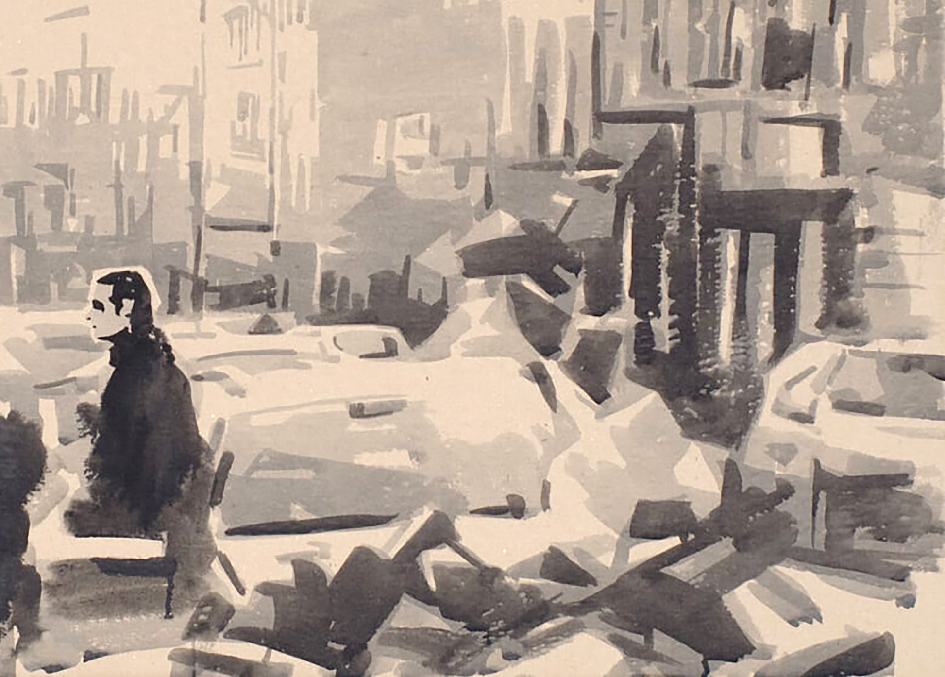Monochrome watercolor by Dima Filatov: solitary figure in ruined city