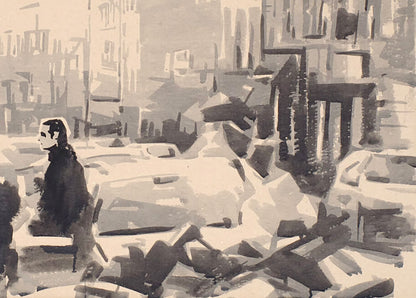 Monochrome watercolor by Dima Filatov: solitary figure in ruined city