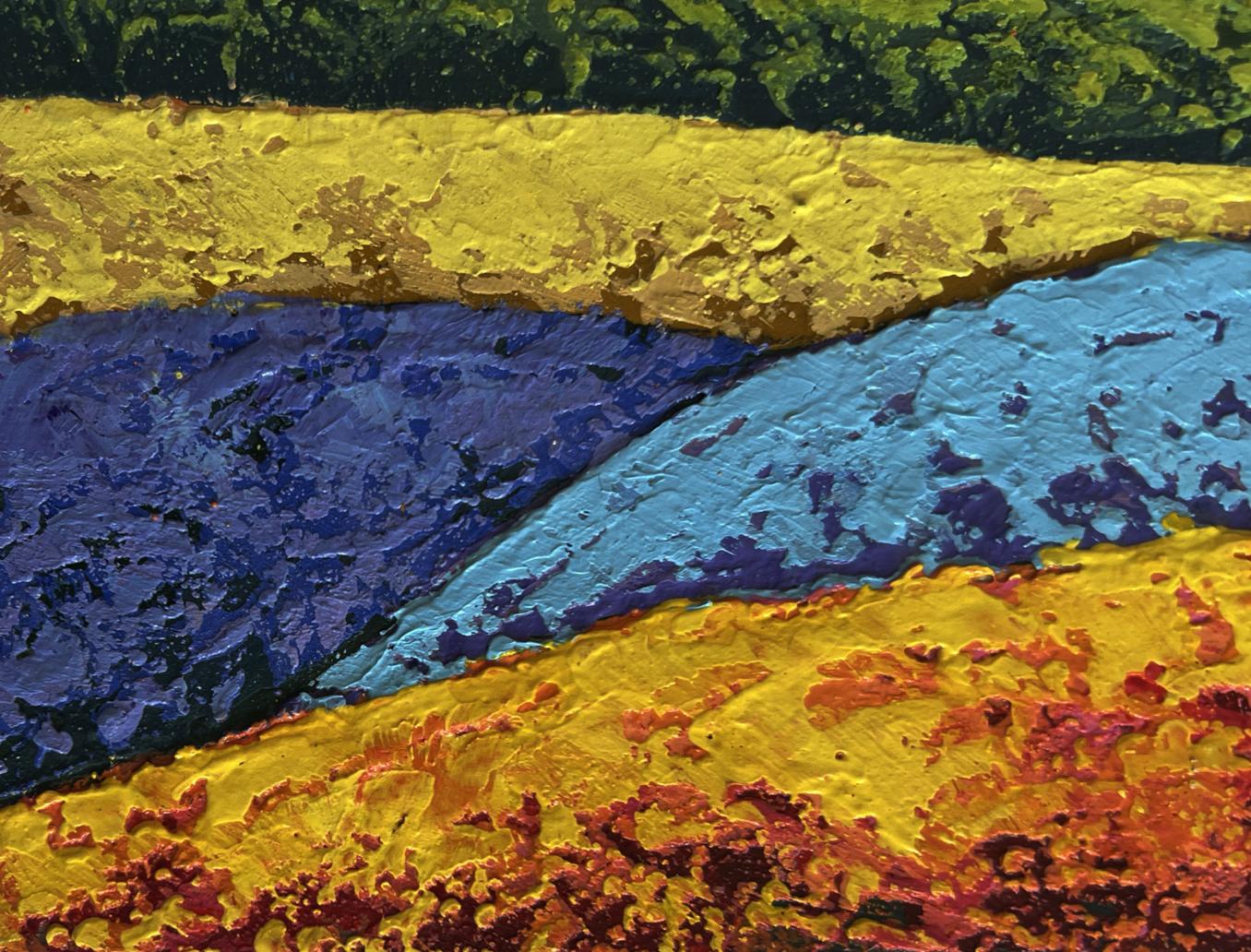 Vibrant Autumn golden fields oil painting by V. Zadorozhnya with bold yellow blue orange bands
