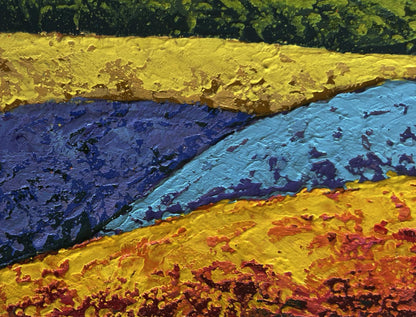 Vibrant Autumn golden fields oil painting by V. Zadorozhnya with bold yellow blue orange bands
