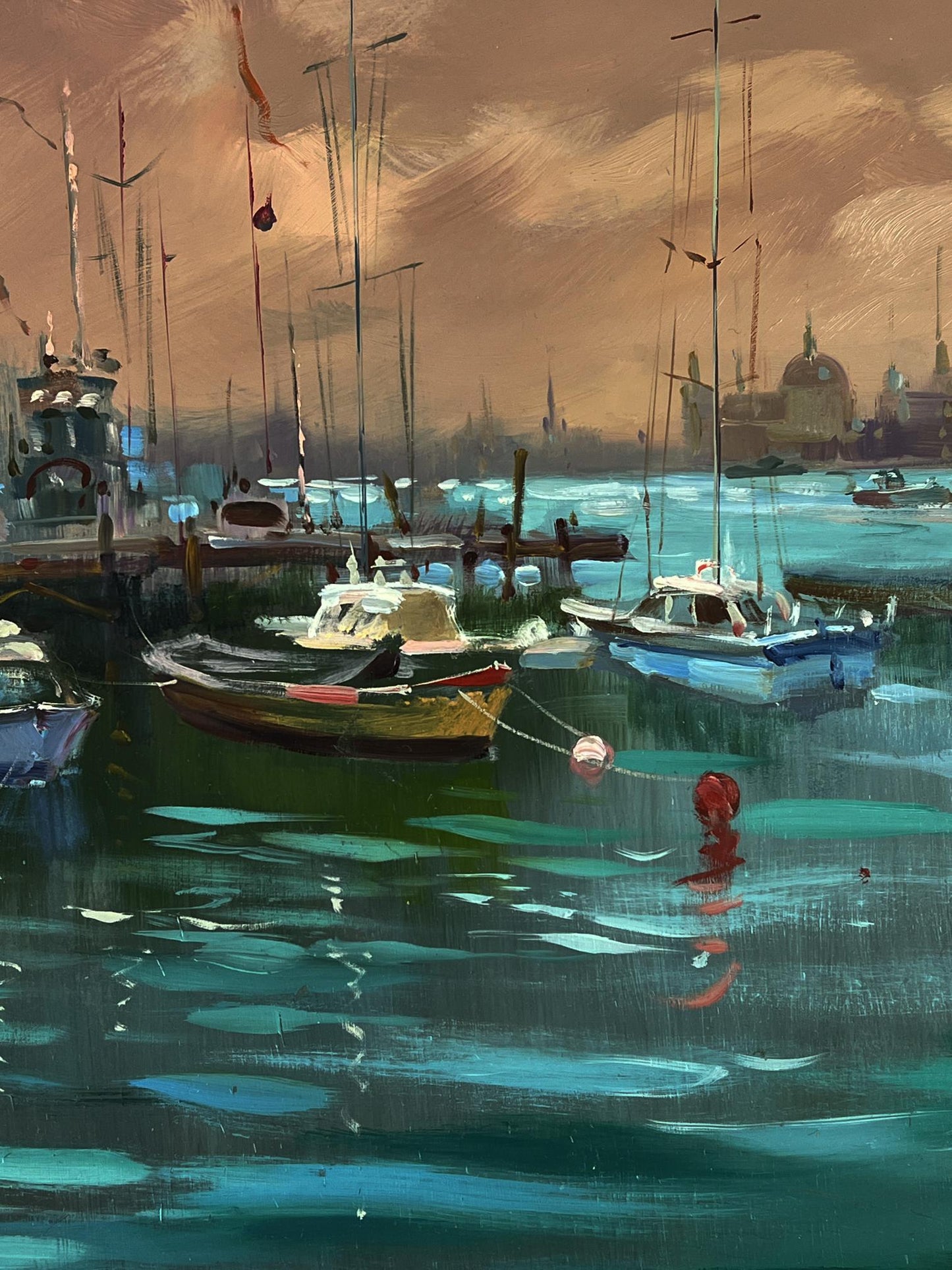 Impressionist oil painting Sunset at the city pier by Yuriy Suprunchuk