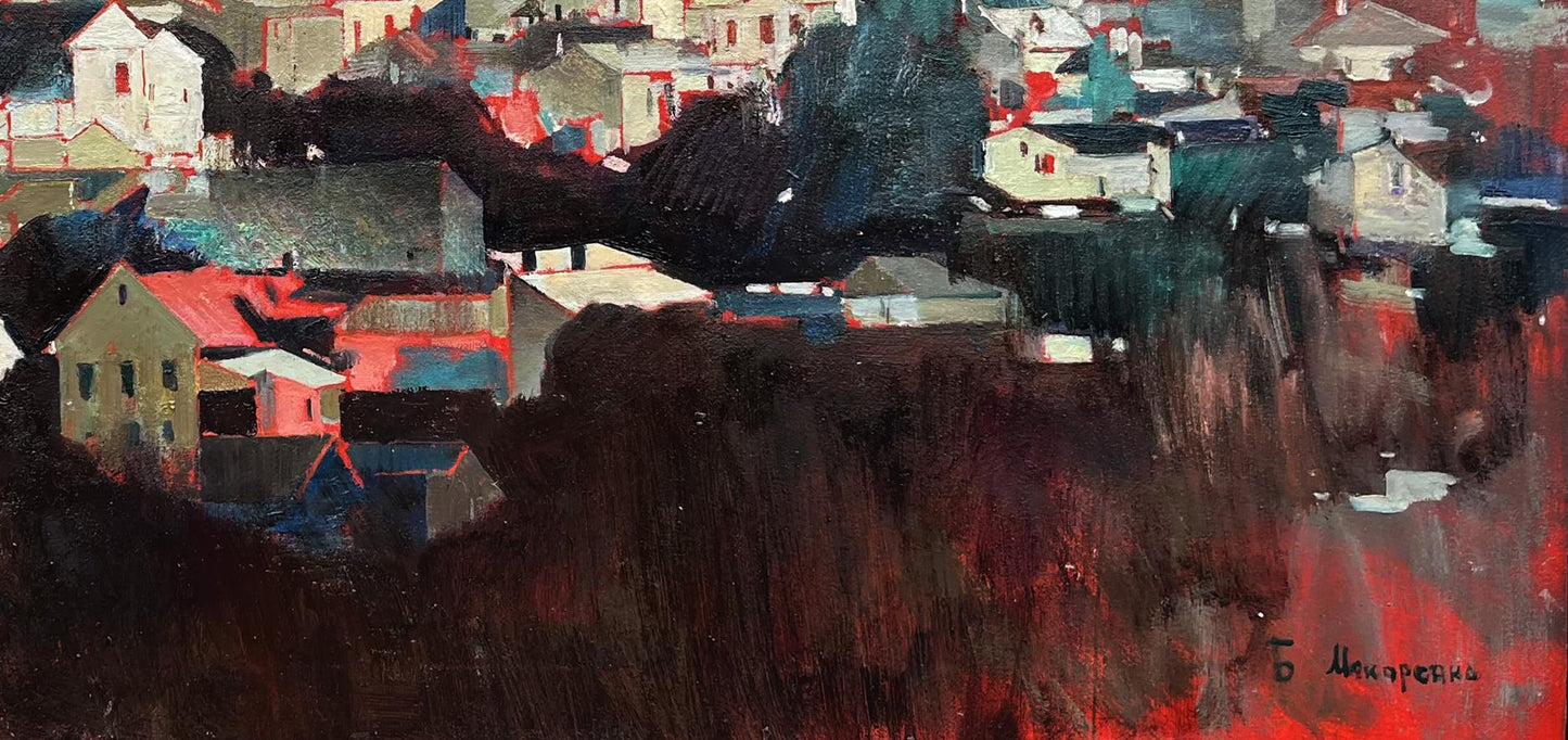 Oil painting Panorama of Chernivtsi Bohdan Makarenko abstract village in reds blues