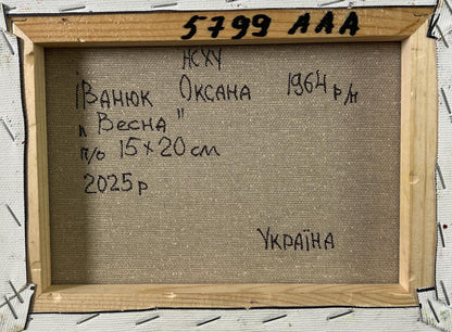Back of framed oil painting House in the village by Oksana Ivanyuk with Cyrillic text
