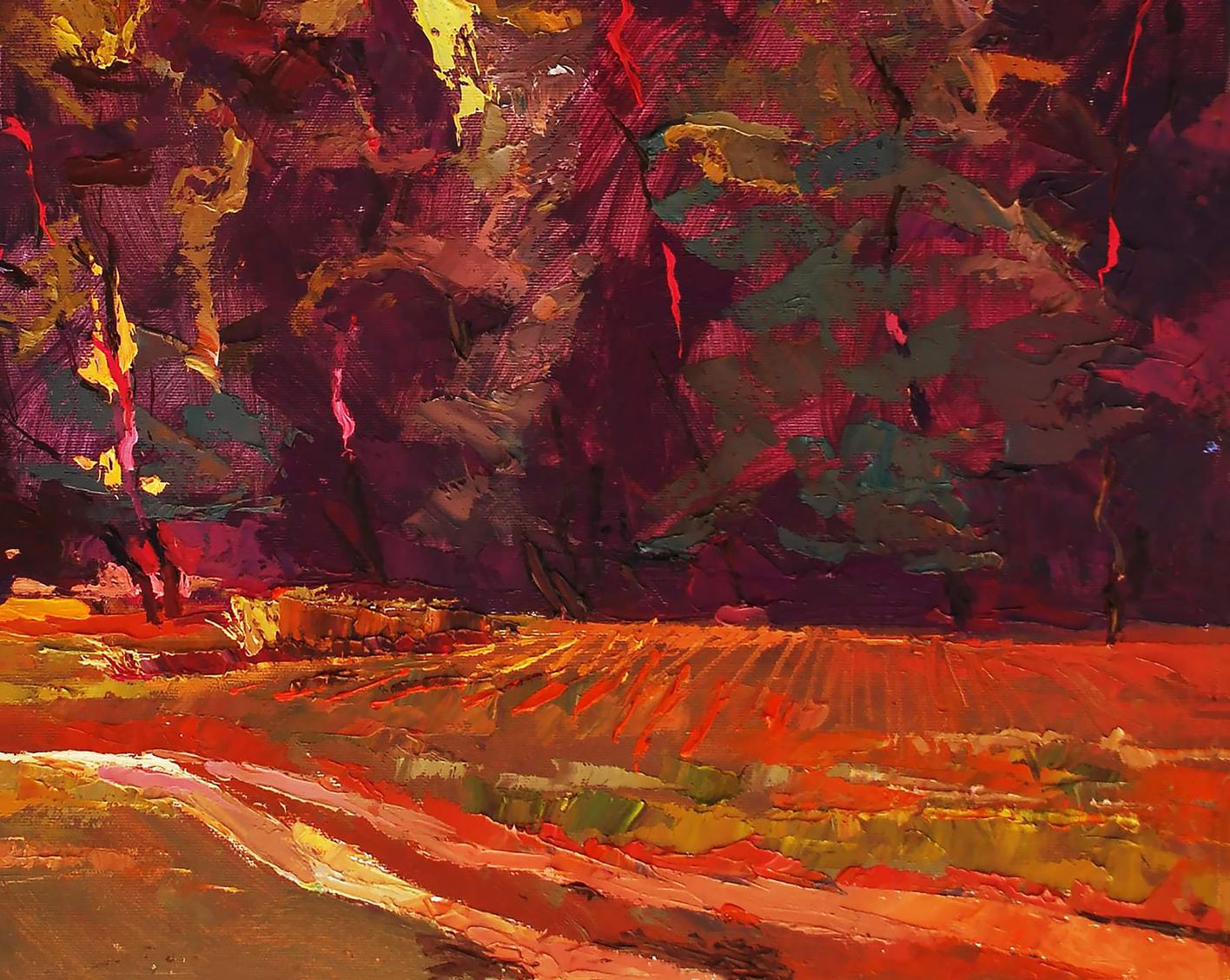 Oil painting Autumn evening by Egor Shvachunov, vibrant red orange purple abstract landscape