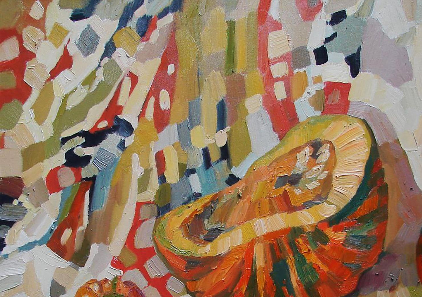 Oil painting Radish by Tatyana Shulyak: sliced orange pumpkin in bold strokes