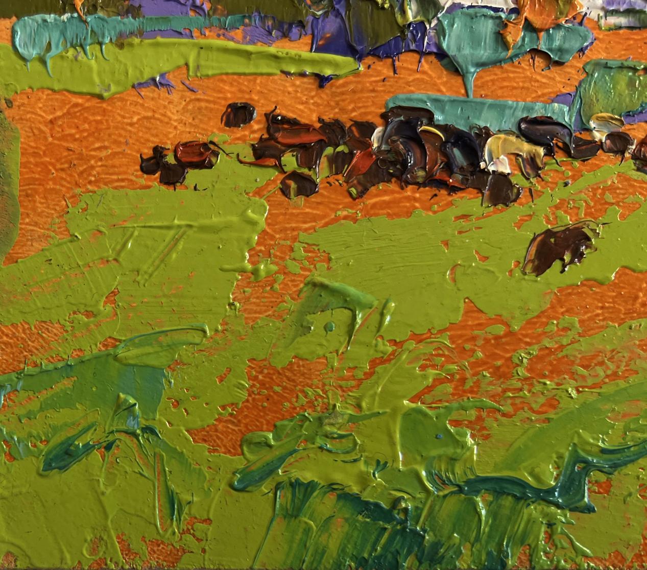 Vibrant Oleksiy Ivanyuk oil painting In the sunny meadows with orange green textures