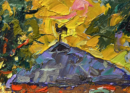 Oil painting Warm evening with yellow sunset by Oleksiy Ivanyuk: black rooster on textured roof