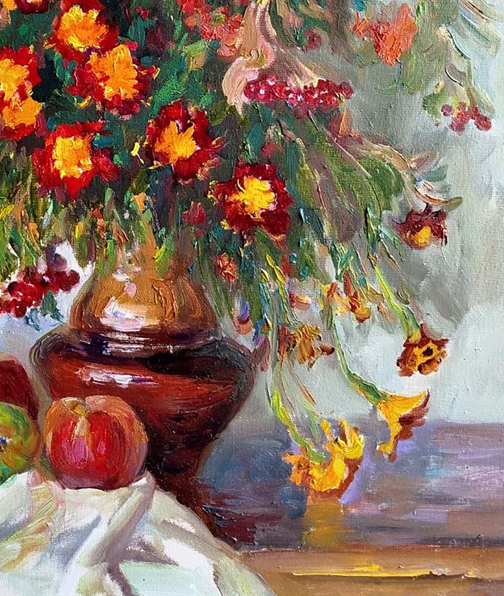 Oil painting of still life with marigolds by Leonid Pavlenko in dark ceramic vase