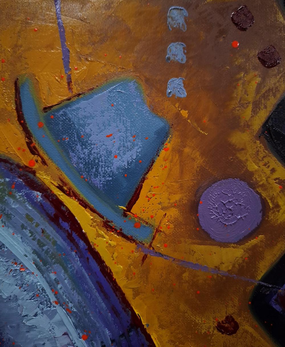 Oil painting of rocking horse by Sergiy Voichenko in gold, blue, purple, red