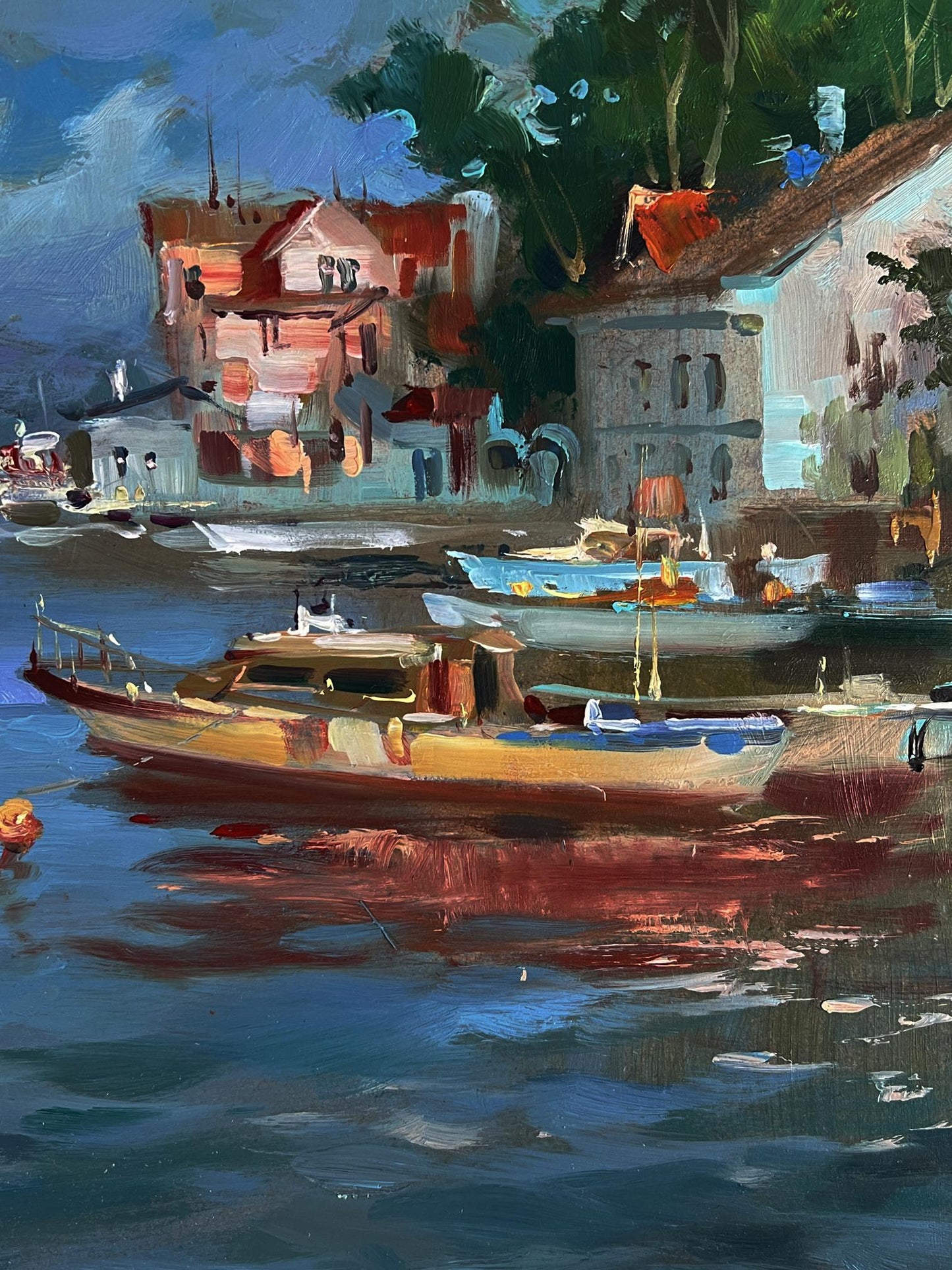 Oil painting of wooden river boat with brown hull near shore by Yuriy Suprunchuk