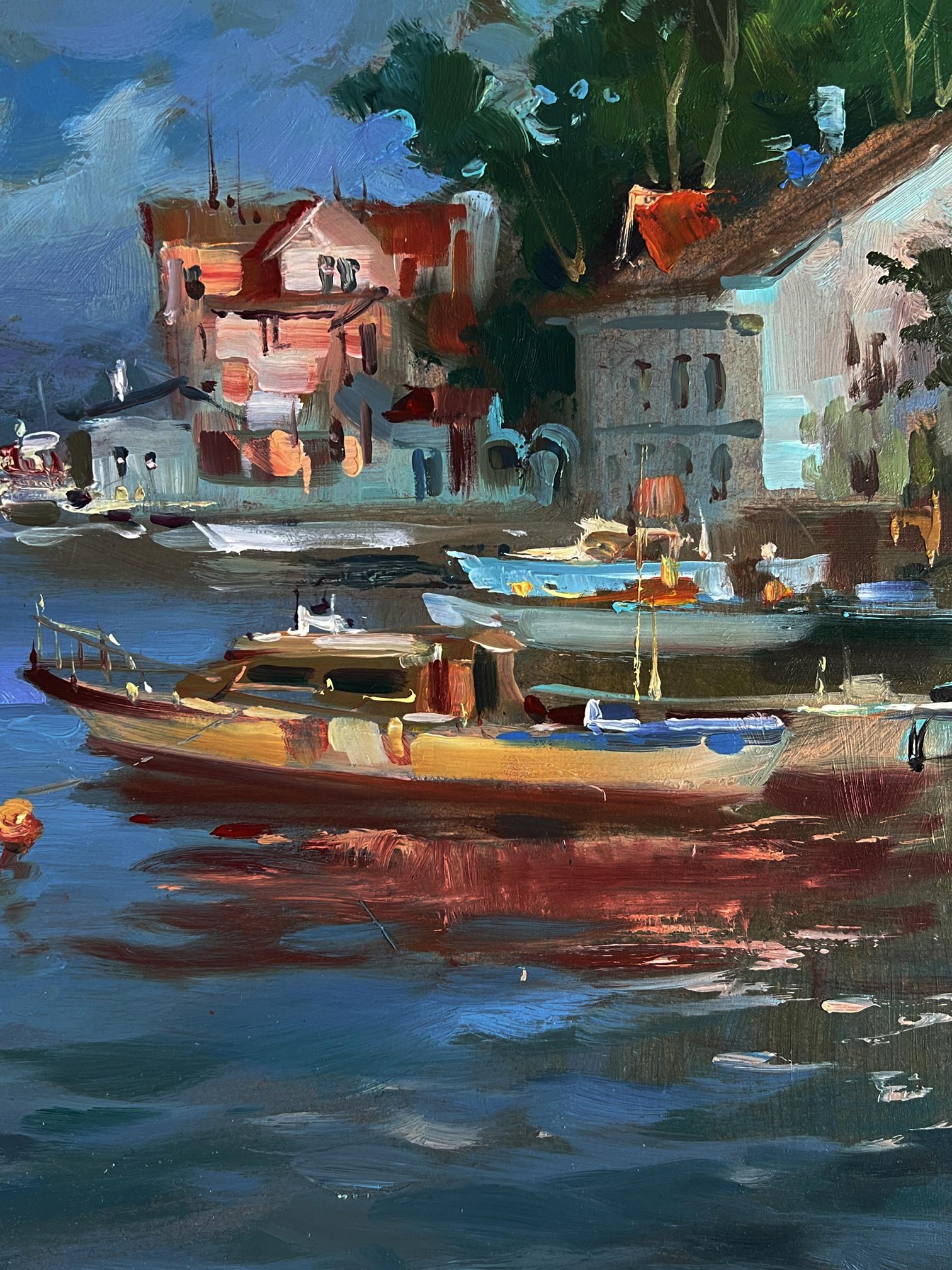 Oil painting of wooden river boat with brown hull near shore by Yuriy Suprunchuk
