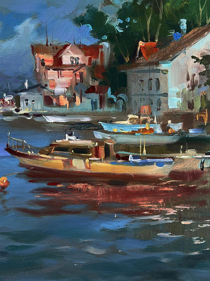 Oil painting of wooden river boat with brown hull near shore by Yuriy Suprunchuk
