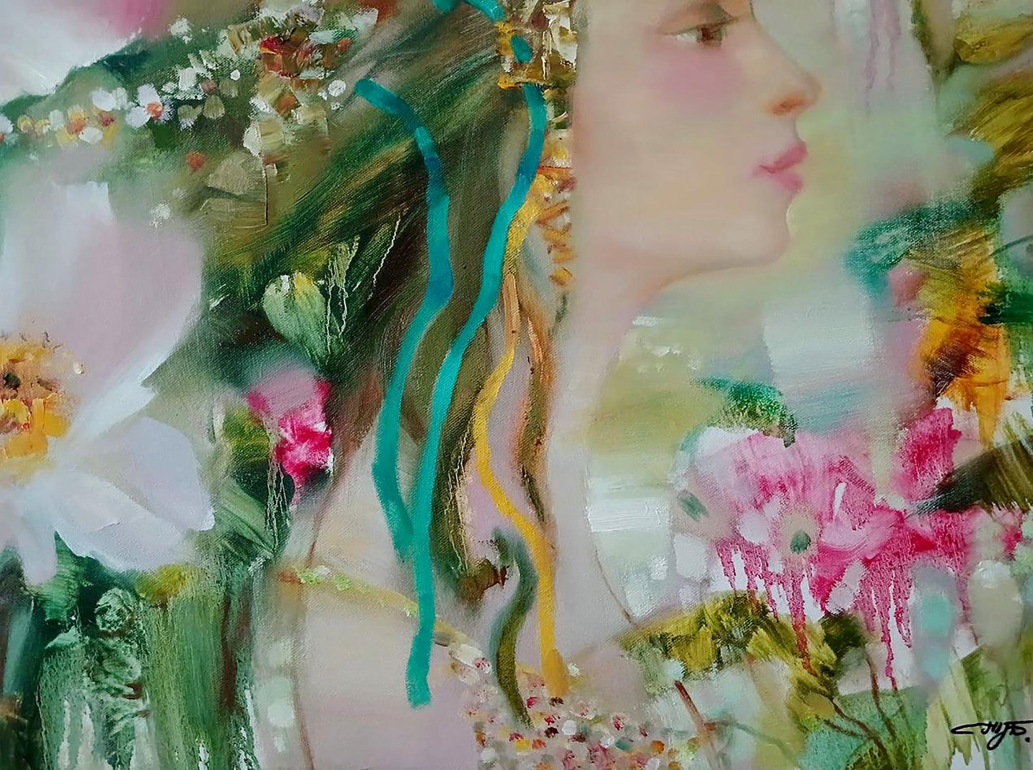 Soft-focus oil painting April by Anatoly Tarabanov: woman with flowing green teal hair and florals