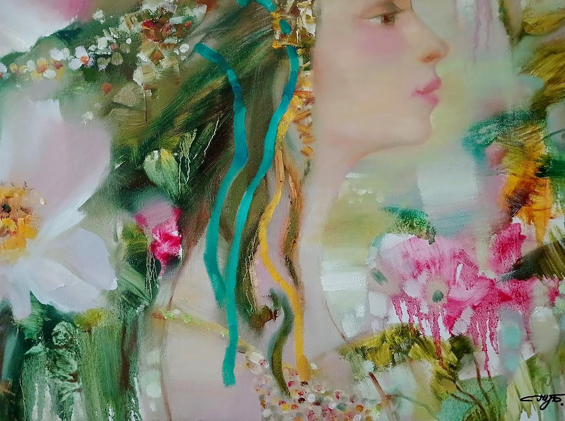 Soft-focus oil painting April by Anatoly Tarabanov: woman with flowing green teal hair and florals
