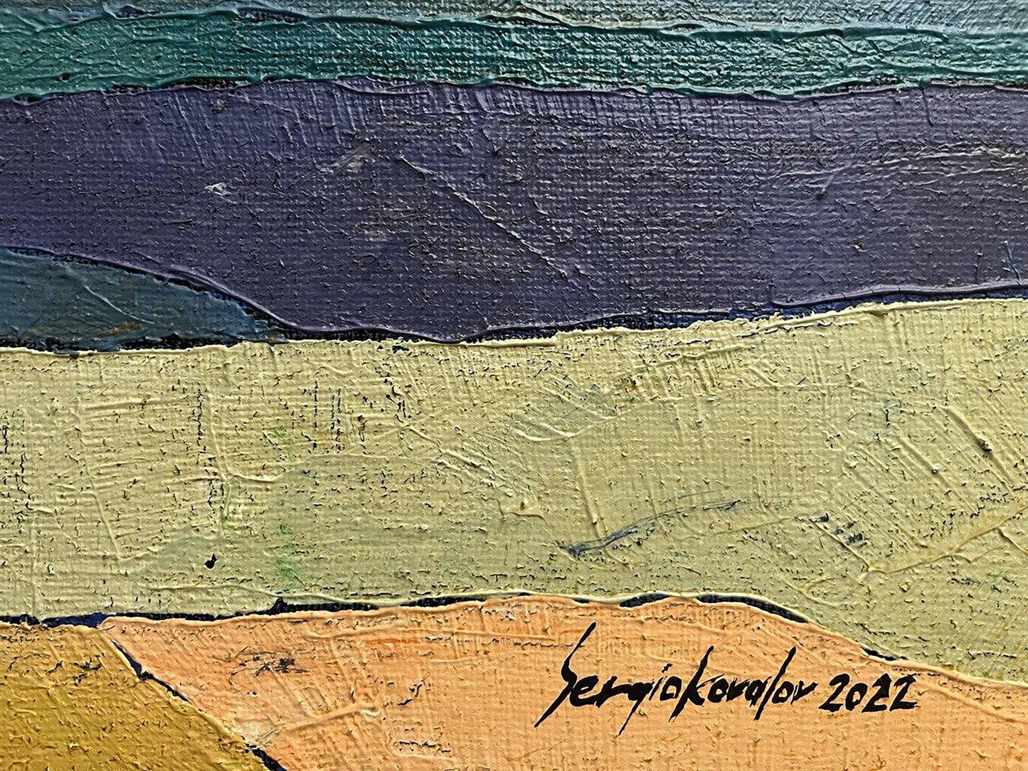 Oil painting Industrial part by Serhiy Kovalev: teal, purple, green, ochre bands