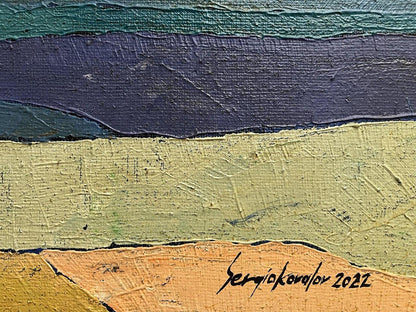 Oil painting Industrial part by Serhiy Kovalev: teal, purple, green, ochre bands