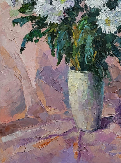 Oil painting of Chrysanthemum on pink by Boris Serdyuk with daisies