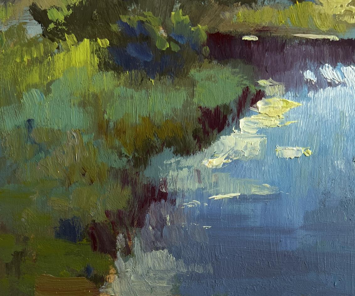 Vibrant impressionist oil painting of sunset clouds over Yuriy Suprunchuk riverbank