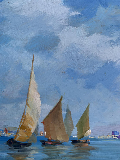 Oil painting of three sailboats at sea by Yuriy Suprunchuk